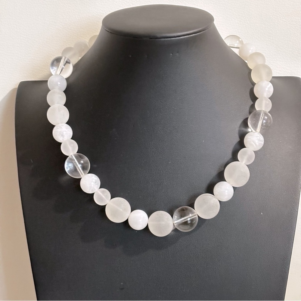 # 128 Vintage Beaded Necklace Hidden Barrel Clasp Clear White Frosted Gumball